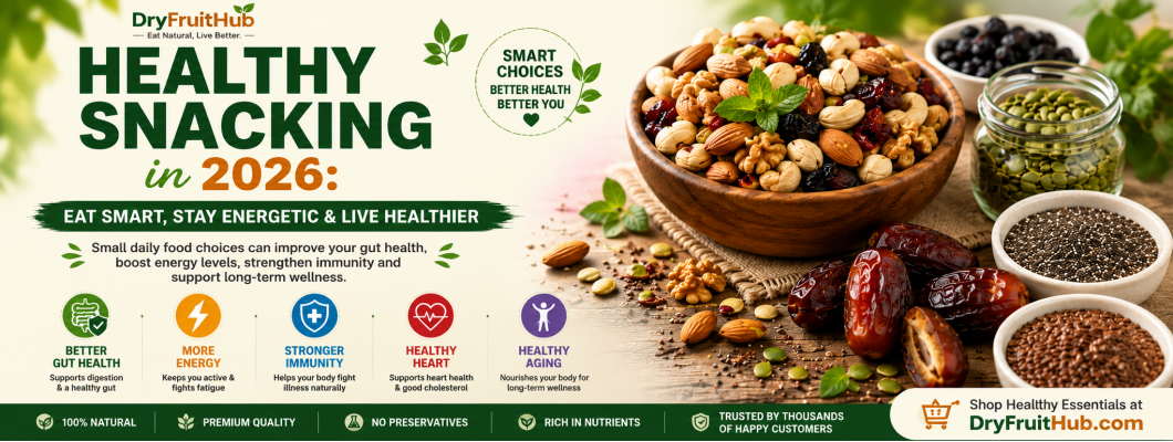 Healthy Snacking in 2026: The Ultimate Guide to Eating Smart, Staying Energetic & Living Healthier-By Dry Fruit Hub Healthy Snacking in 2026: The Ultimate Guide to Eating Smart, Staying Energetic & Living Healthier-By Dry Fruit Hub