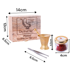 Saffron Kesar 2g | Pure Kashmiri Kesar | Wooden Gift Box with Brass Okhli & Plucker